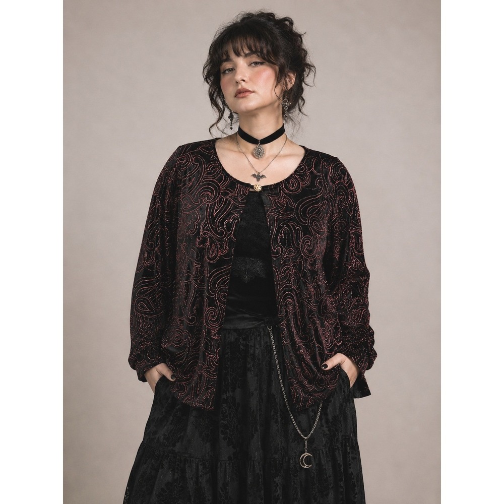 Whimsigoth Velour Metallic Paisley Top 1X Black Red Goth Glam Y2K Holidays
